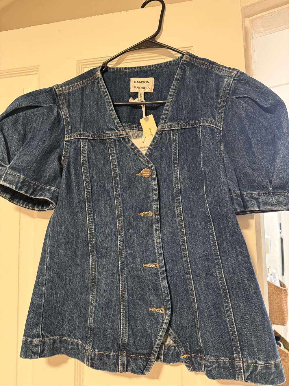 Damson madder Blue Denim Button-Front Puff Sleeve Top